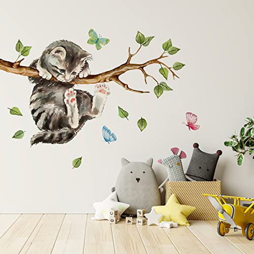 Yovkky Cat on Tree Branches Wall Decals Stickers, Kitty Animal Nursery Decor, Green Leaves Baby Kids Bedroom Home Decorations Art