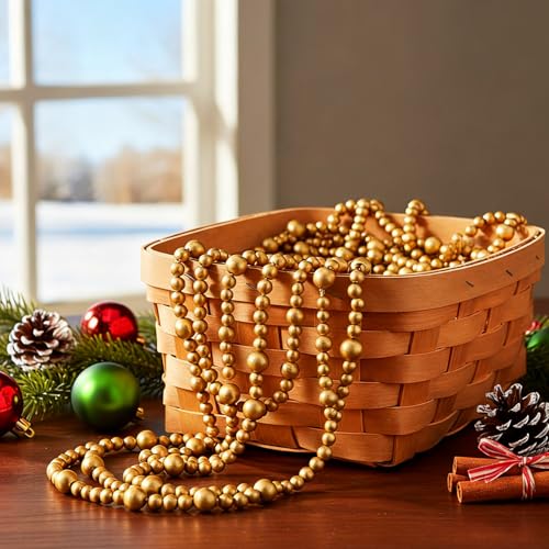 Zeyune Gold Christmas Beads Garland 66 Feet Rustic Wooden Holiday Decor