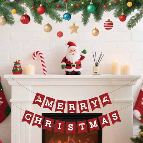 Neyeidru Red Merry Christmas Banner - Paper Party Sign, Pre-Strung