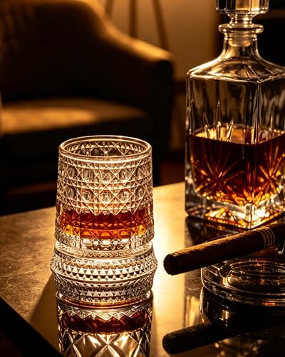 CEEFU Gem Cut 360° Spinning Whiskey Glass Set of 4 with Gift Box & Ice Ball Molds