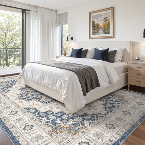 Blue 8x10 Washable Non-Slip Area Rug for Living Room