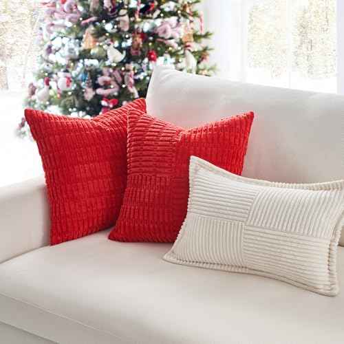 Topfinel Christmas Throw Pillow Covers Set of 2 Soft Corduroy Decorative Red Pillow Covers Textured Striped Patchwork Cushion Cases for Couch Sofa Bed Cute Aesthetic Home Decor 16x16 Inch