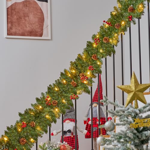 Joiedomi 9 ft Prelit Red Berries Pine Garland with 50 Warm White Lights - Christmas Greenery