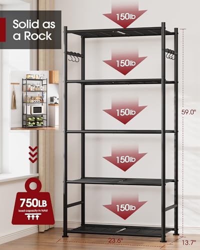 Black 5-Tier Metal Storage Shelves with Hooks - Heavy Duty Garage & Home Organizer