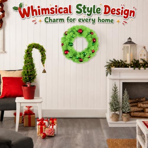 Enven Lime Green Christmas Wreath with Ornaments - Indoor Outdoor Holiday Decor