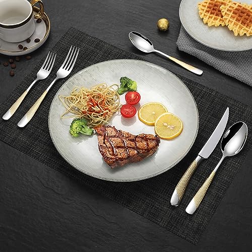 Hammered Silver Gold Flatware Set for 8 - 40-Piece Stainless Steel Cutlery with Serrated Knives