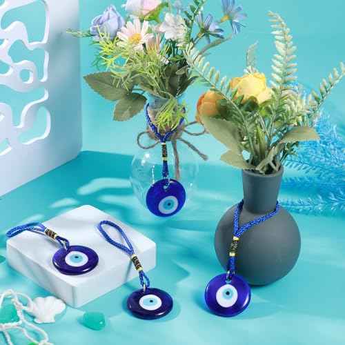 4 Pcs Blue Evil Eye Glass Hanging Pendant Car Rearview Evil Eye Charm Ornament Turkish Greek Amulet Wall Decor Accessories for Good Luck Protection Energy Wedding Party Christmas Home