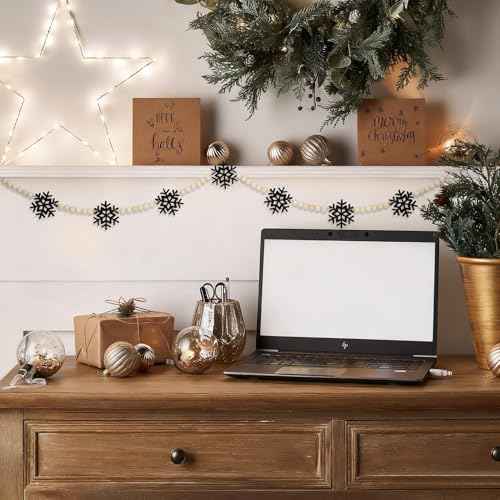 DAZONGE Christmas Decorations, Felt Snowflake Garland and Wood Beads for Farmhouse Christmas Banner Decor, Wall, Shelf, and Holiday Decorations