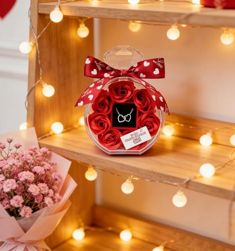 Red Gifts for Girlfriend - Romantic Rose & Heart Necklace Set for Christmas, Valentines, Birthday