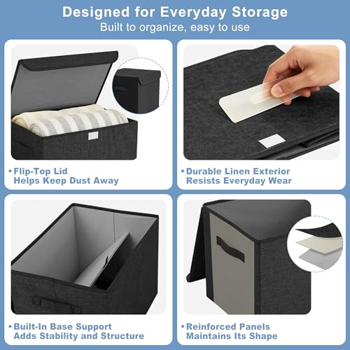 Large Collapsible Storage Bins with Lids - Black, 3 Pack