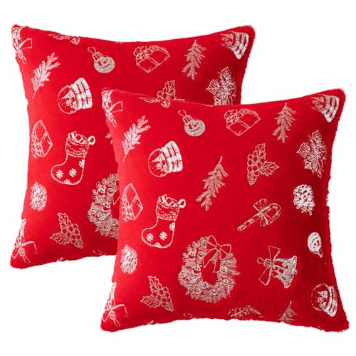MIULEE Christmas Red Pillow Covers Set of 2 Snowflakes Decorative Throw Pillow Covers 18x18 Inch Soft Plush Faux Wool Pillow Covers Farmhouse Couch Pillows Home Decors for Sofa Livingroom Bed.