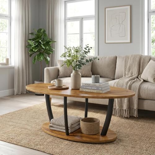 Manora Rustic Oval Coffee Table with Storage Shelf - Brown, 2-Tier Farmhouse Living Room Table