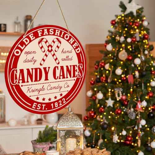 ZODGMED Candy Canes Christmas Wall Hanging Sign, Christmas Decor for Home Kitchen Living Room Holiday Hanging Sign Xmas Wall Decorations, Candy Canes Open Daily