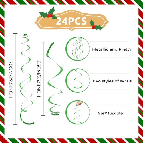 24 PCS Green Hanging Swirl, Sparkle Ceiling Hanging Decorations, Plastic Streamer Party Decorations with Double-Swirls and Single-Swirls for Birthday Decorations, Christmas£¬Graduation, Baby Shower