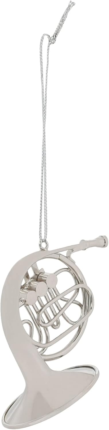 French Horn Hanging Ornament - 4 Inch Silver Tone Brass Decoration by Broadway Gifts