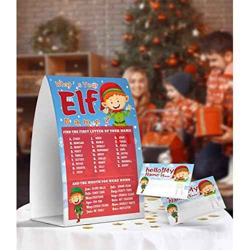 What's Your Elf Name Game, Christmas Party Games Activities, 1 Sign and 50 Name Tag Stickers -JJ043