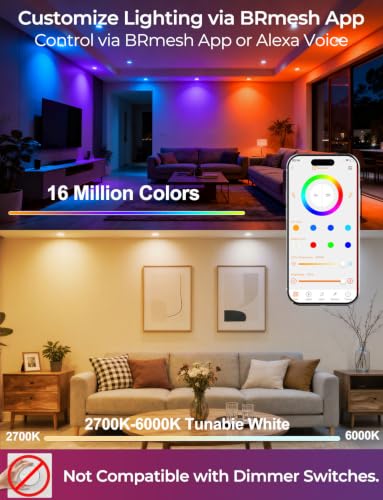 ILC 4 Inch RGB Recessed LED Downlight with Voice & App Control, 6 Pack