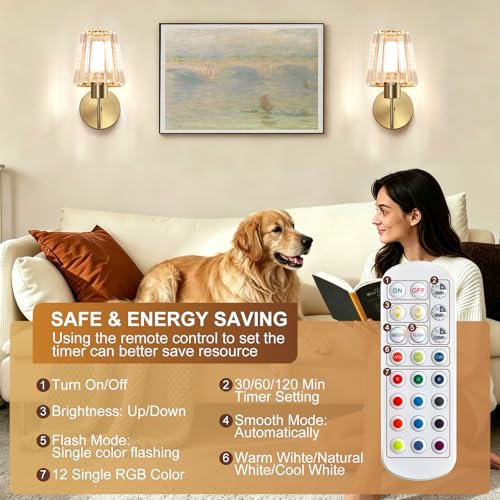 Wireless Wall Sconces Set of 2 with Remote Control - Gold Modern Wall Decor