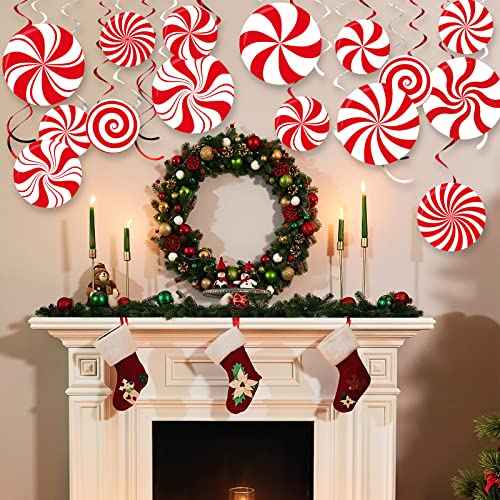 Funrous 54 Pcs Christmas Peppermint Candy Hanging Decorations Christmas Candies Ceiling Hanging Swirls Xmas Party Ceiling Whirl Streamers for Xmas Holiday Party Decor(Red White)