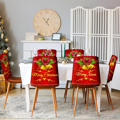 Buryeah Red Bell Christmas Chair Back Covers 6-Pack - Removable & Washable Holiday Slipcovers for Dining Chairs, 23.6 x 19.7 inches