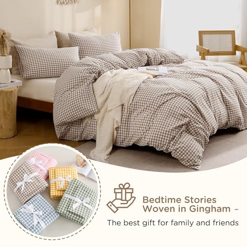 TOCOMOA Oversized King Duvet Cover Set - Tan Gingham Linen-Like Cotton