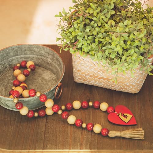 Christmas Garland with Wooden Beads, Red, Ivory & Gold, Tassel Decor
