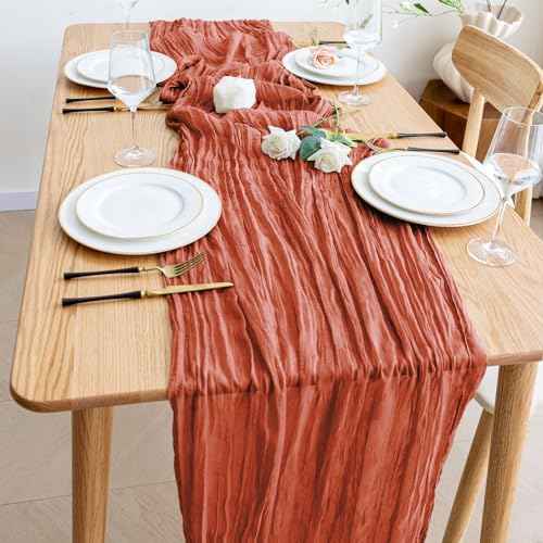Wokceer Fall Table Runner Cheesecloth 10FT Boho Gauze Terracotta Cheese Cloth Table Runner Christmas Thanksgiving Rustic Sheer Runners for Baby Bridal Shower Wedding Easter