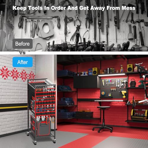 JUNNUJ Power Tool Organizer Cart with Charging Station & 6 FT Cord - Red