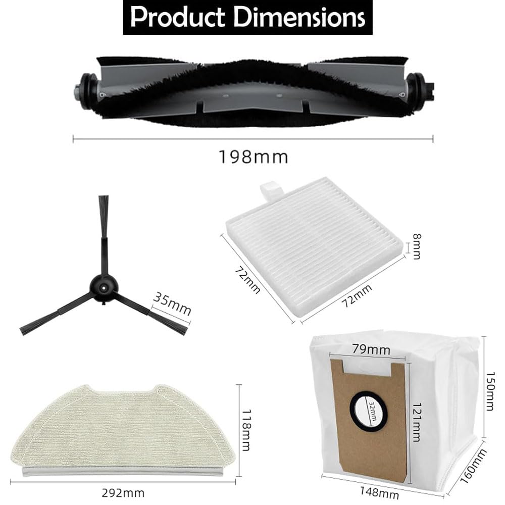MIXEAL Vacuum Repalcement Parts for Airrobo T20+ Robot Vacuum,1 Main Brush Roller,2 HEPA Filters,4 Mop Pads+4 Vacuum bags+4 Edge Brushes