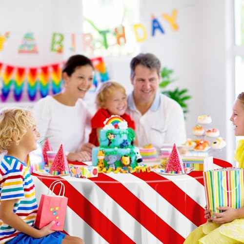 Red and White Stripe Tablecloths for Round Table, Carnival Theme Party Decorations, 84'' x 84'' Plastic Table Cover for Circus Party, Movie Night, Birthday, Christmas, Baby Shower, Wedding (3)