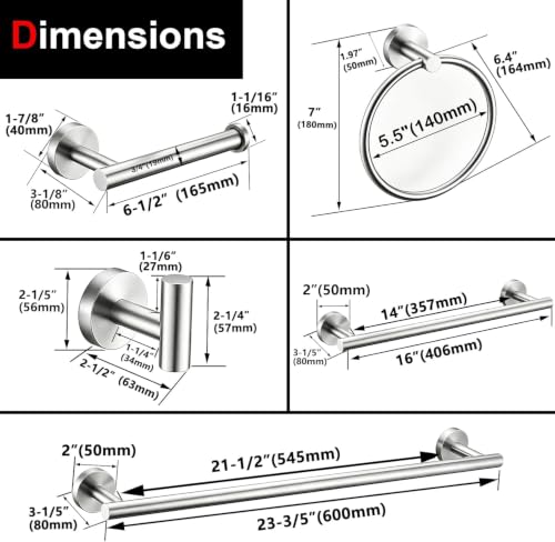 24-Inch Brushed Nickel Bathroom Hardware Set - Towel Bar, Ring & Hooks, Heavy Duty SUS304 Stainless Steel