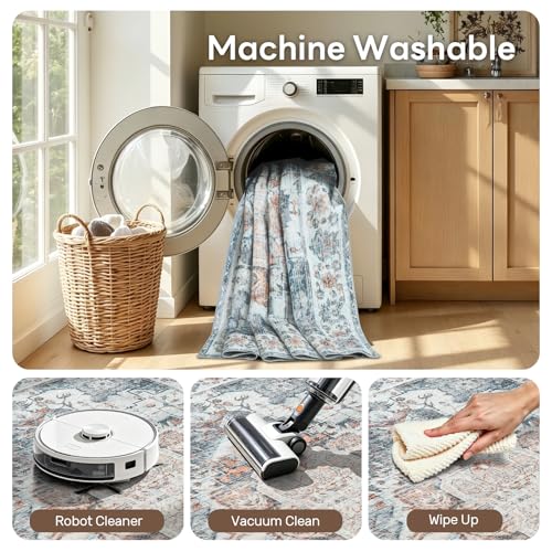 9x12 Light Blue Vintage Washable Area Rug for Living Room & Bedroom - SimpWalnut