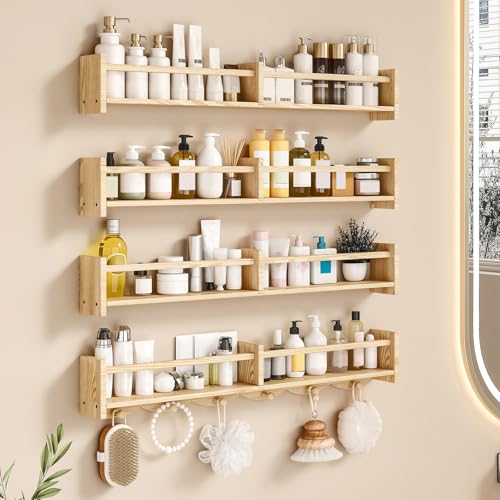 34-Inch Kids Wall Shelves Set of 4 with Hooks - Baby Nursery Room Decor - Burlywood Variation