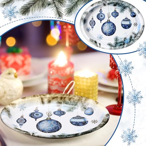 Tioncy 100 Count Xmas Ball Oval Paper Plates - Vintage Blue Holiday Party Disposables (100 / Xmas Ball)
