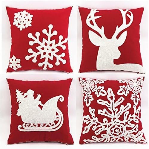 Christmas Pillow Cover 18x18 - Embroidered Sleigh & Snowflakes - Winter Decorative Cushion for Sofa & Bed