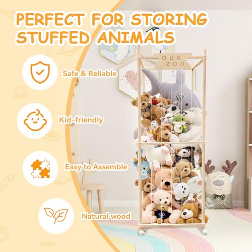 Megapuxin Pine Wood Stuffed Animal Storage Zoo on Wheels - Large Toy Organizer for Nursery & Playroom