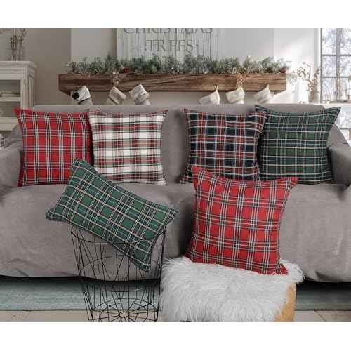 4TH Emotion Set of 2 Christmas Scottish Tartan Plaid Throw Pillow Covers Cushion Case Polyester for Farmhouse Home Decor Red and Green, 18 x 18 Inches