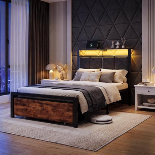 Brown Twin Size Bed Frame with Storage Drawers and Upholstered Headboard - Space Saving Design