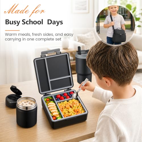 Kids Lunch Box Set with Stainless Steel Food Jar & Water Bottle - Black
