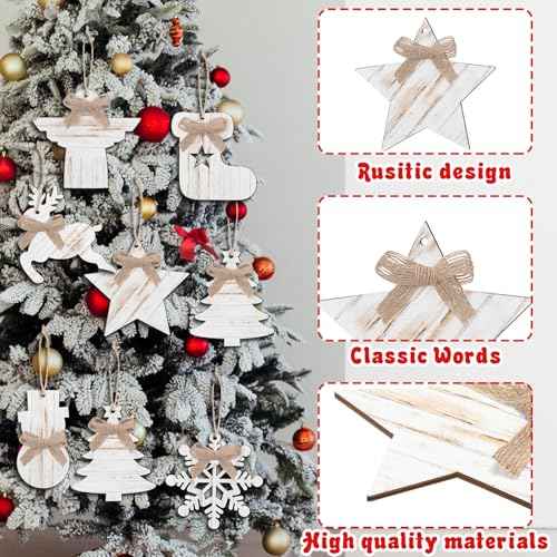 8 Pcs Rustic Christmas Tree Ornaments Wooden Angle Snowflake Reindeer Ornaments Farmhouse Christmas Tree Hanging Decorations for Xmas Home Office Fireplace Mantel Winter Party (White)