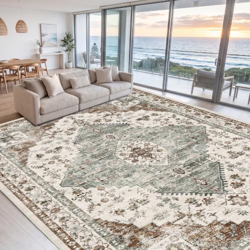 Washable Area Rug for Living Room - 8x10 Large Boho Floral Carpet, Green/Brown