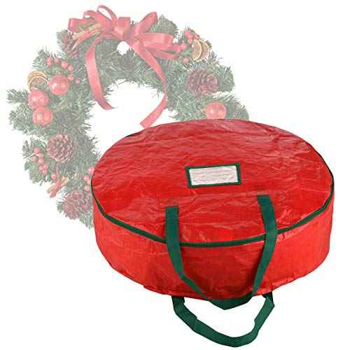 Wreath Storage Bag - 24-inch Organizer for Artificial Christmas Wreaths and Garland - Holiday Themed Tote with Green Handles by Tiny Tim Totes (Red)
