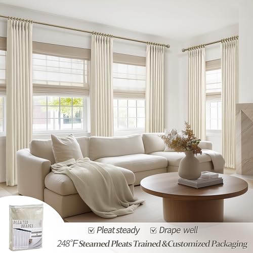 Cream Beige Floor-Length Curtains & Drapes - 2 Panels, 40x108 Inches, Blackout Linen Blend, Thermal for Living Room - Variation: Cream / 40W x 108L