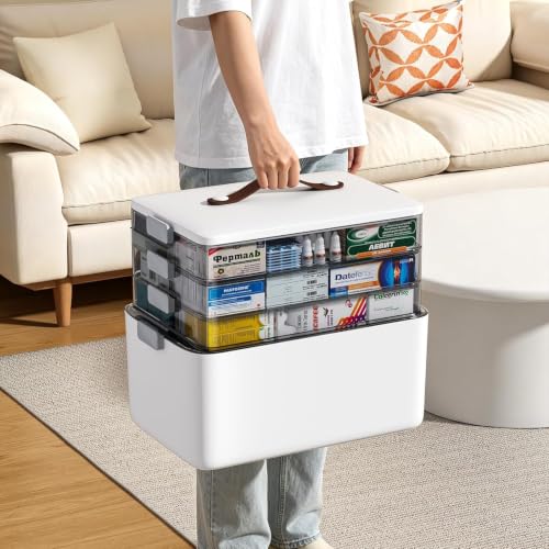 4-Tier Medicine Organizer Storage Box with Lid & Leather Handle - Portable First Aid & Medical Supplies Bin