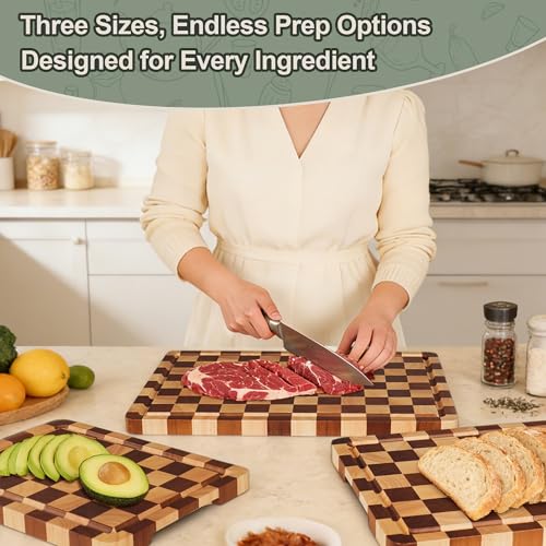 Checkered Cutting Board Set - 3 Sizes with Stand, Juice Groove & Handles
