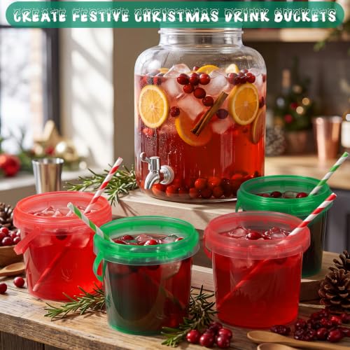 Funnymoom 32 Pcs Christmas Red & Green Drink Buckets with Lids & Straws, 34 Oz / 1 L