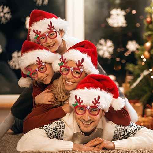 QLINLEAF 4Pack Red Santa Hat for Kids Plush Christmas Hats and Christmas Glasses Eyeglasses for Xmas Holiday Party for Children