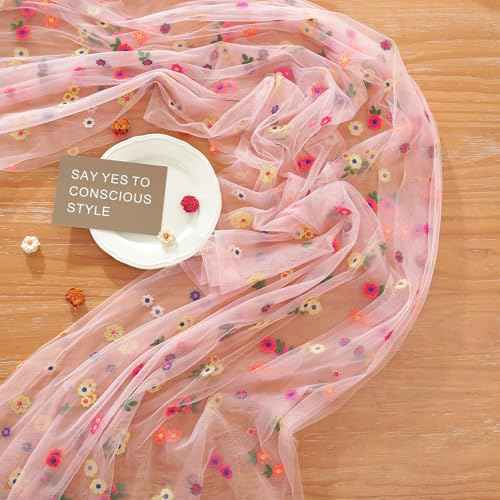 Pink Flower Tulle Table Runner 29x120 Inch Embroidery Florals Soft Sheer Tulle Fabric for Wildflower Party and Baby in Bloom Baby Shower Decorations