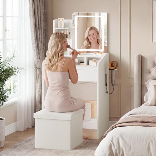 24-Inch White Makeup Vanity Set with Lighted Mirror & Storage Stool