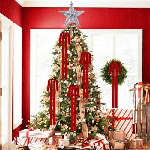 DIYDEC 8PCS Large Red Christmas Bow 23.5x15.5 Inch Velvet Xmas Tree Topper Bows Ribbon Hanging Ornament for Christmas Holiday Home Outdoor Indoor Party Garland Crafts Decoration(Bright Red)